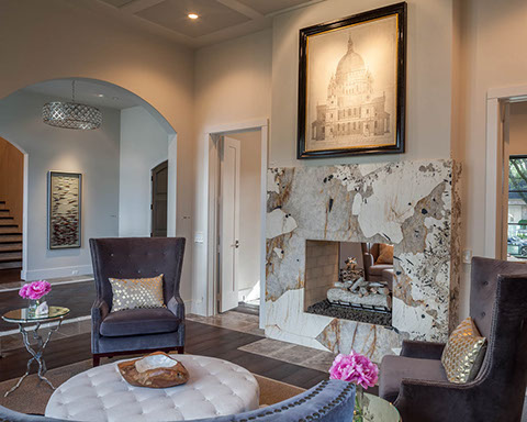 Living room and study with two sided fireplace