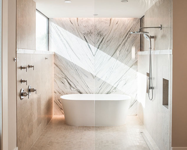 Contemporary master wet bath with freestanding tub and marble shower