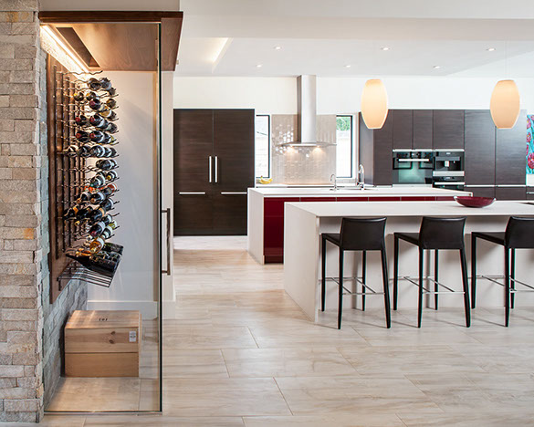 Poggenpohl modern red kitchen with glass wine room